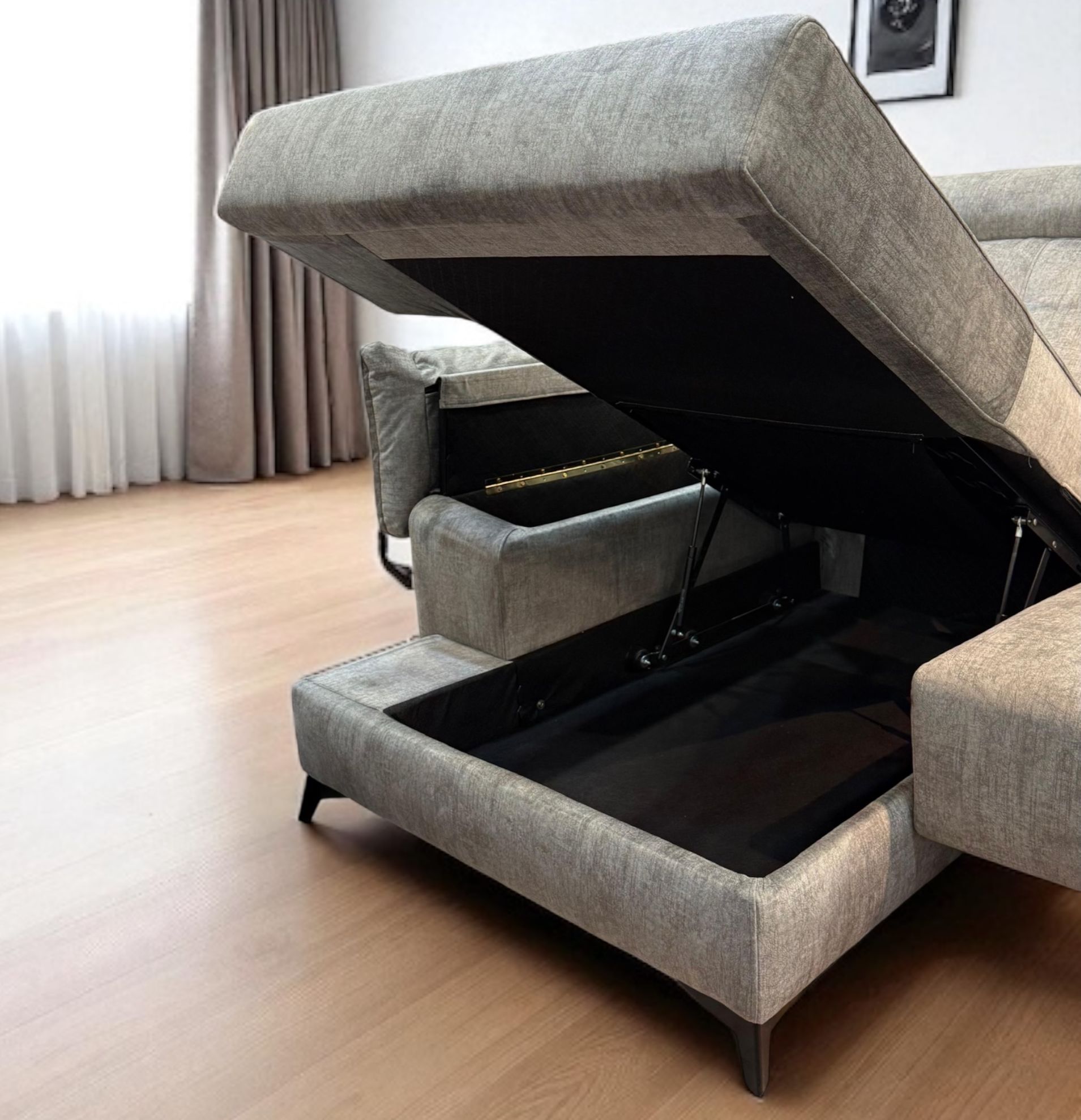 Sofá con asientos deslizantes, chaise longue, almacenaje y puffs - Imagen 3