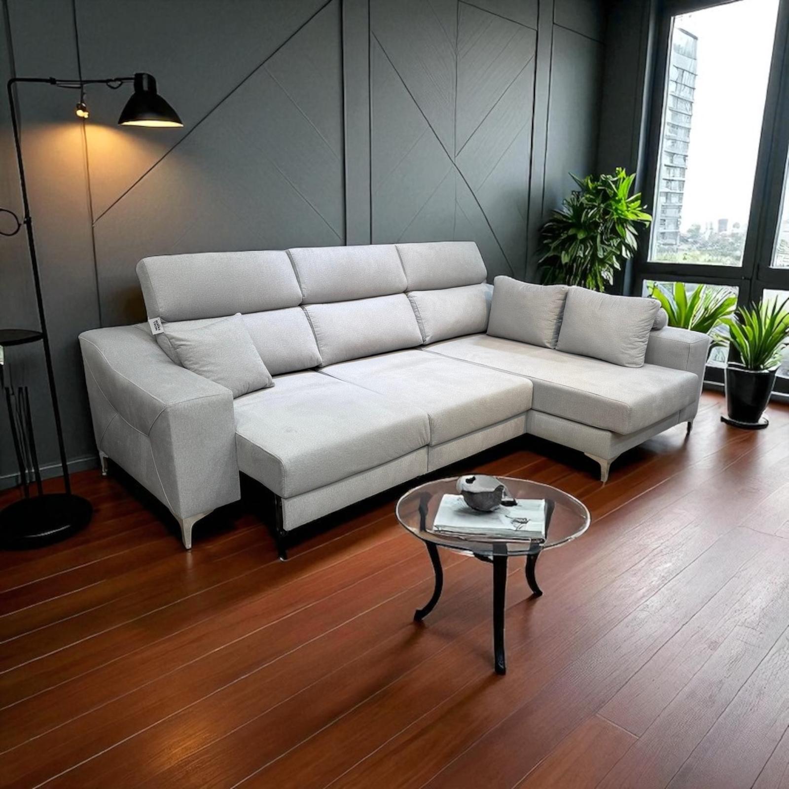 Sofá de asientos extensibles, carro al suelo y chaise longue desmontable